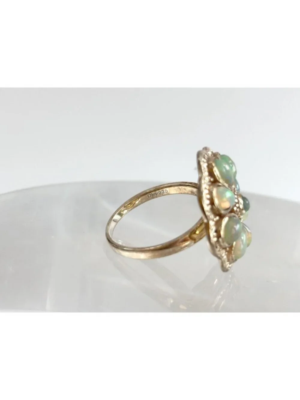 Teardrop Yellow Opal Scalloped Floral Sterling Silver 925 Vintage Ring - sz 8